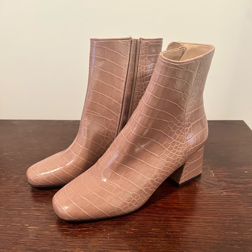 Steve Madden Darma Crocodile Embossed Square Heel Ankle Boot in Blush Tan
